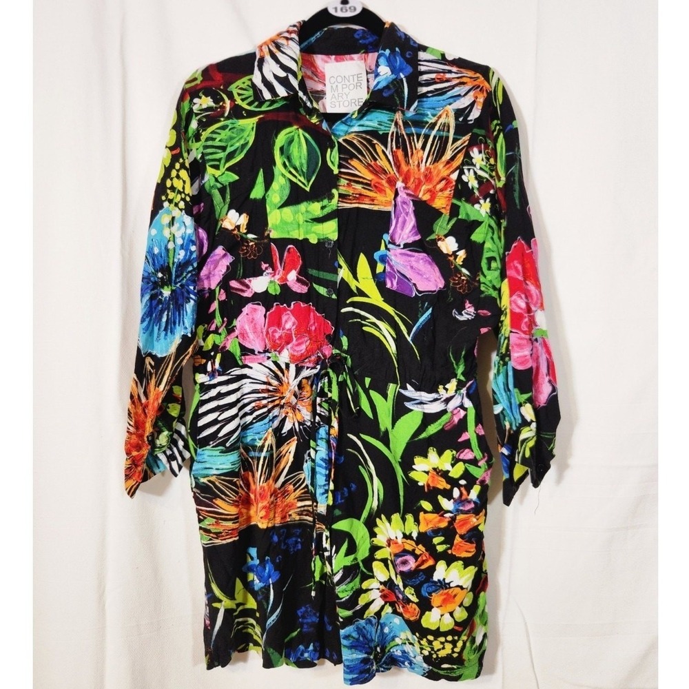 Contemporary Store Large $68 Black Tropical Floral Button Romper Shorts Jumpsuit